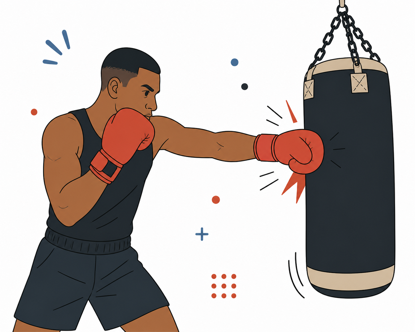 Boxeador golpeando o saco de pancada com luvas